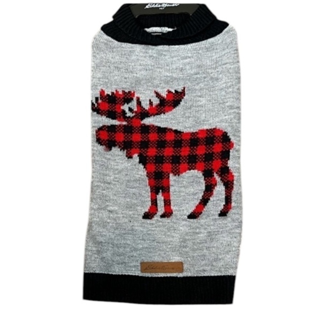 Eddie Bauer - ‘Red Plaid Moose’ dog sweater. Size: large. NWT. ￼
